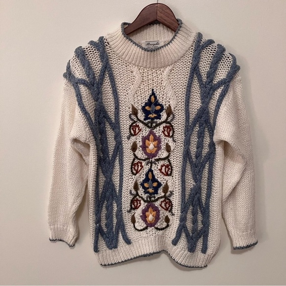 VTG Women's Sz. M 3D Chunky Sweater 90s Cable Embroidered Floral Cottagecore - Picture 1 of 6